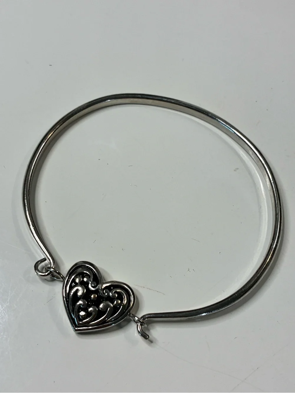 Contemporary Silver Heart Filigree Bangle Bracelet Reversible Red Enamel EUC